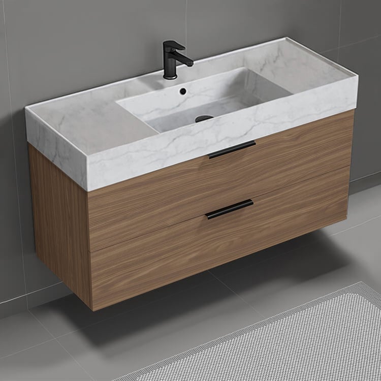 Nameeks DERIN755 48 Inch Marble Style Sink Walnut Floating Single Bathroom Vanity